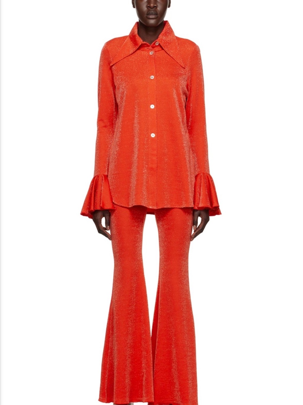 Sleeper small Red Metallic Lurex Lounge Set - Flared Pants and Button-Up Top